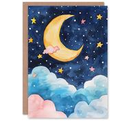 Artery8 Crescent Moon Stars Clouds Night Sky Watercolour Blank For Him Or Her Art Thank You Card