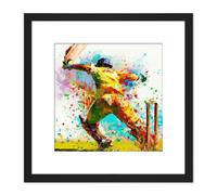Artery8 Cricket Batsman Wicket Sports Colourful Splatter Painting Square Wooden Framed Wall Art Print Picture 8X8 Inch in Black Artery8 Black