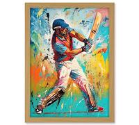 Artery8 Cricket Shot Vibrant Cricketer Batsman Portrait Artwork Framed A3 Wall Art Print