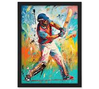 Artery8 Cricket Shot Vibrant Cricketer Batsman Portrait Artwork Framed A3 Wall Art Print