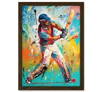 Artery8 Cricket Shot Vibrant Cricketer Batsman Portrait Artwork Framed A3 Wall Art Print