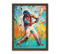 Artery8 Cricket Shot Vibrant Cricketer Batsman Portrait Artwork Framed Wall Art Print 18X24 Inch