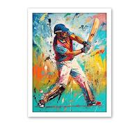 Artery8 Cricket Shot Vibrant Cricketer Batsman Portrait Artwork Framed Wall Art Print 18X24 Inch