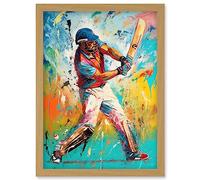 Artery8 Cricket Shot Vibrant Cricketer Batsman Portrait Artwork Framed Wall Art Print A4