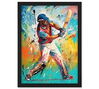 Artery8 Cricket Shot Vibrant Cricketer Batsman Portrait Artwork Framed Wall Art Print A4