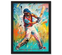 Artery8 Cricket Shot Vibrant Cricketer Batsman Portrait Artwork Framed Wall Art Print A4 in Black Artery8 Black
