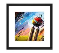 Artery8 Cricket Wicket Fast Bowler Sports Splatter Style Oil Painting Square Wooden Framed Wall Art Print Picture 9X9 Inch