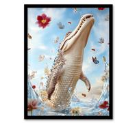Crocodile Flowers Butterflies Surreal Beauty Shot Framed Art Print Artery8 Blue A4