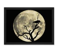 Artery8 Crow Tree Perch Silhouette Moon Black Grey A4 Artwork Framed Wall Art Print