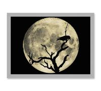 Artery8 Crow Tree Perch Silhouette Moon Black Grey A4 Artwork Framed Wall Art Print in Light Grey Artery8 Light Grey