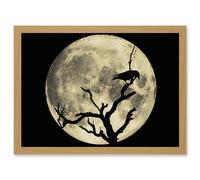 Artery8 Crow Tree Perch Silhouette Moon Black Grey A4 Artwork Framed Wall Art Print