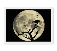 Artery8 Crow Tree Perch Silhouette Moon Black Grey A4 Artwork Framed Wall Art Print