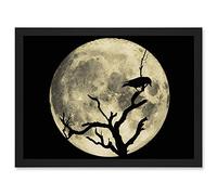 Artery8 Crow Tree Perch Silhouette Moon Black Grey Artwork Framed A3 Wall Art Print