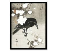 Artery8 Crow With Cherry Blossom Flowers Retro Japan Framed Wall Art Print Koson in Grey | Size: A4 Artery8 Grey A4