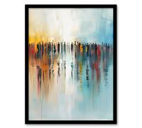 Artery8 Crowd of People Colourful Misty Abstract Painting Framed Art Print in Blue | Size: A4 Artery8 Blue A4
