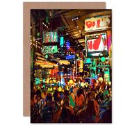Artery8 Crowded Cityscape at Night Greetings Card Artery8 Multicolor