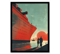 Artery8 Cruise Ship Sunset Harbour Red Blue Travel Advert Wall Art Print - A4 Size