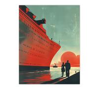 Cruise Ship Sunset Harbour Red Blue Travel Advert Wall Art Print Artery8 Blue W24 inch x H32 inch