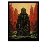 Artery8 Cthulhu Awakens H.P. Lovecraft Mythos Arkham Horror Yog-Sothoth Artwork Painting Art Print Framed Poster Wall Decor in Black | Size: A4 Artery8 Black A4