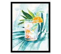 Artery8 Cuba Libre Cocktail Monstera Leaf Watercolour Framed Art Print in Blue | Size: A4 Artery8 Blue A4