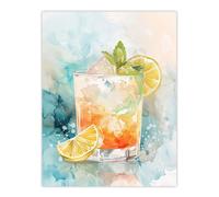 Artery8 Cuba Libre Cocktail Watercolour Tropical Summer Wall Art Print in Blue | Size: W24" x H32" Artery8 Blue W24" x H32"