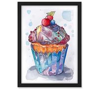 Artery8 Cupcake Icing With Fruit Folk Art Watercolour Painting Artwork Framed A3 Wall Art Print