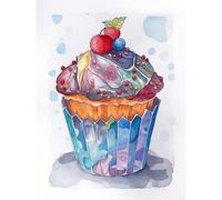 Artery8 Cupcake Icing With Fruit Folk Art Watercolour Painting Extra Large XL Wall Art Poster Print