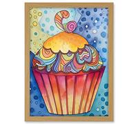 Artery8 Cupcake With Colourful Frosting Folk Art Watercolour Painting Artwork Framed A3 Wall Art Print