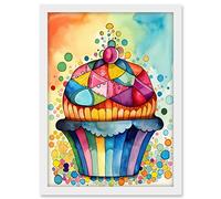 Artery8 Cupcake With Colourful Frosting Watercolour Folk Art Painting Artwork Framed A3 Wall Art Print
