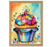 Artery8 Cupcake With Colourful Frosting Watercolour Folk Art Painting Artwork Framed A3 Wall Art Print