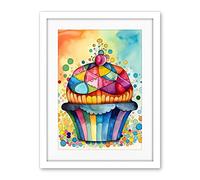 Artery8 Cupcake With Colourful Frosting Watercolour Folk Art Painting Artwork Framed Wall Art Print 18X24 Inch