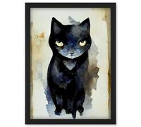 Doppelganger33 LTD Curious Black Cat Watercolour Painting Artwork Framed Wall Art Print A4