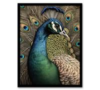 Artery8 Curious Peacock Detailed Pen & Ink Study Turquoise Modern Art Print Framed Poster Wall Decor 12x16 inch in Black | Size: W12" x H16" Artery8 Black W12" x H16"