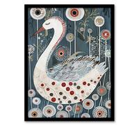 Cute Abstract Swan Floral Blue Red White Painting Framed Art Print Artery8 Blue A4