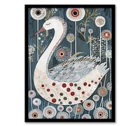 Artery8 Cute Abstract Swan Floral Blue Red White Painting Living Room Artwork Framed Wall Art Print A4