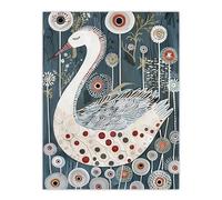 Cute Abstract Swan Floral Blue Red White Painting Wall Art Print Artery8 Blue W24 inch x H32 inch