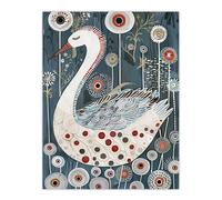 Cute Abstract Swan Floral Blue Red White Painting Wall Art Print Artery8 Blue W18 inch x H24 inch