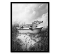 Artery8 Cute Alligator in Bathtub Black White Fun Cheeky Bathroom Toilet Artwork Framed Wall Art Print 18X24 Inch