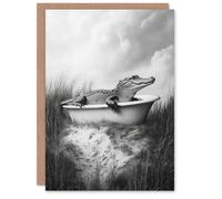 Artery8 Greeting Card Cute Alligator in Bathtub Black White Fun Cheeky Blank For Him Or Her Art Birthday Card