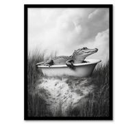 Artery8 Cute Alligator In Bathtub Black White Fun Cheeky Wall Art Print - A4 Size