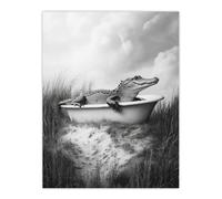 Cute Alligator in Bathtub Black White Fun Cheeky Wall Art Print Artery8 Grey W24 inch x H32 inch
