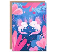 Artery8 Cute Axolotls In Love Pink Blue Illustration Valentine's Day Card