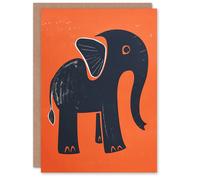 Artery8 Cute Baby Elephant Blue Orange Animal Block Print Blank For Him Or Her Art Birthday Card