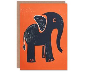Artery8 Cute Baby Elephant Blue Orange Animal Block Print Blank For Him Or Her Art Birthday Card