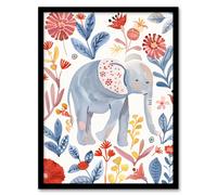 Cute Baby Elephant Blue Red Floral Watercolour Framed Wall Art Artery8 Multi A4