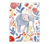 Cute Baby Elephant Blue Red Floral Watercolour Wall Art Print Artery8 Multi W24 inch x H32 inch