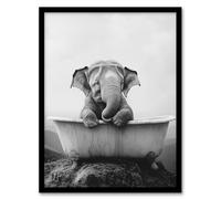 Artery8 Cute Baby Elephant In Bathtub Black White Surreal Bathroom Toilet Artwork Framed Wall Art Print A4