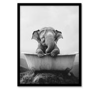 Artery8 Cute Baby Elephant In Bathtub Black White Surreal Bathroom Toilet Artwork Framed Wall Art Print A4