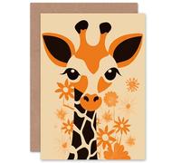 Artery8 Cute Baby Giraffe With Flowers Orange Floral for Child Children Kids Birthday Daughter Son Toddler Baby Blank Art Greeting Card