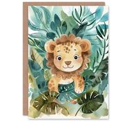Artery8 Cute Baby Lion Cub Playing In Jungle Watercolour For Child Kids Birthday Card